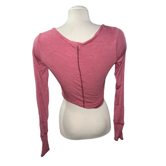 aerie Out From Under Pink Cropped Long-Sleeve Ribbed Top Size Large Lettuce Hem - Picture 6 of 8